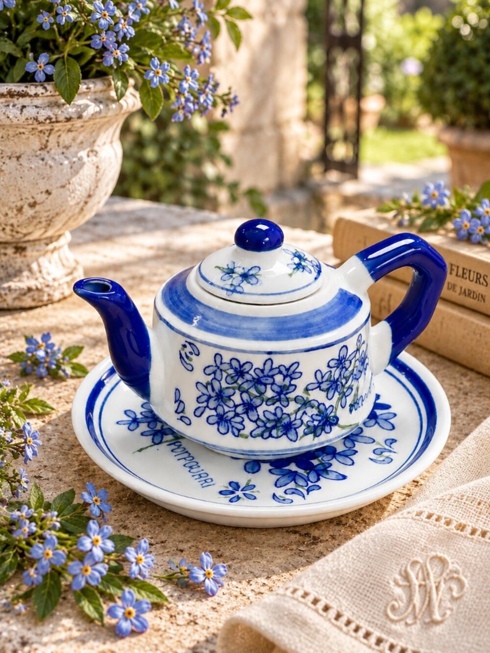 Vintage Apoie Comell Blue White Potpourri Teapot with Matching Saucer